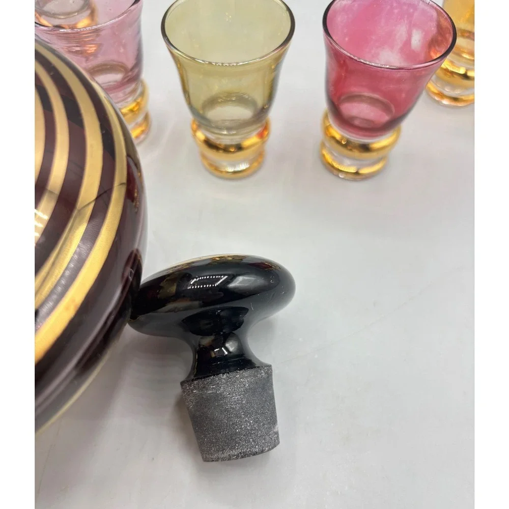 Vtg Bohemian Amethyst Glass Decanter Set Gold 5‎ Cordial Glasses Barware Boho